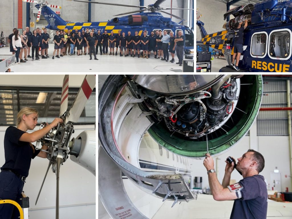 The Lifeflight maintenance team at work in their new facility at Brisbane's Archerfield Airport.